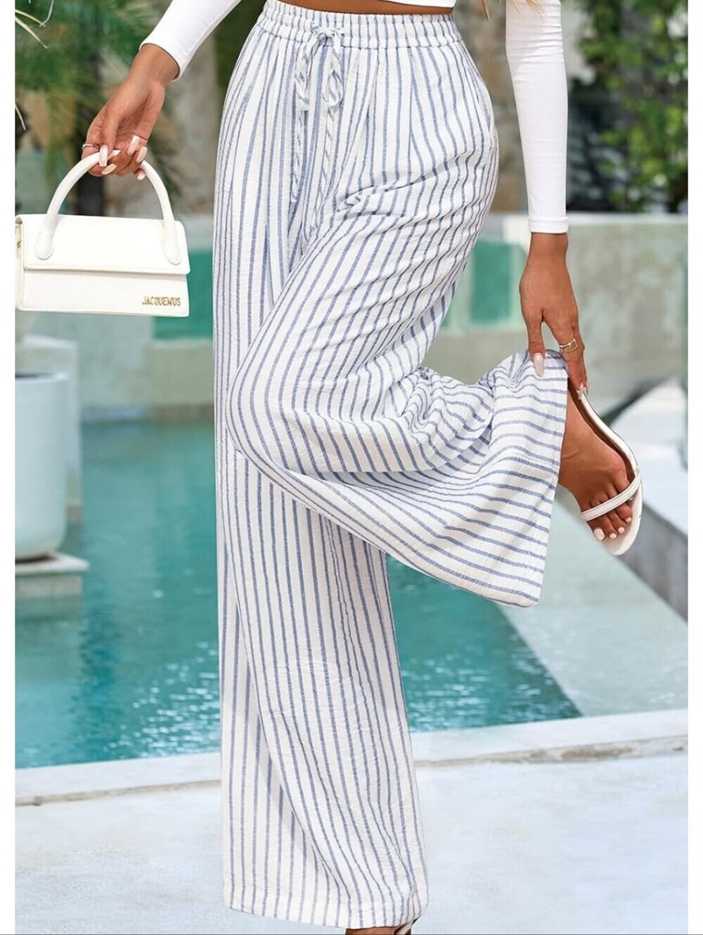 Striped Wide-Leg Drawstring Pants - White & Blue
